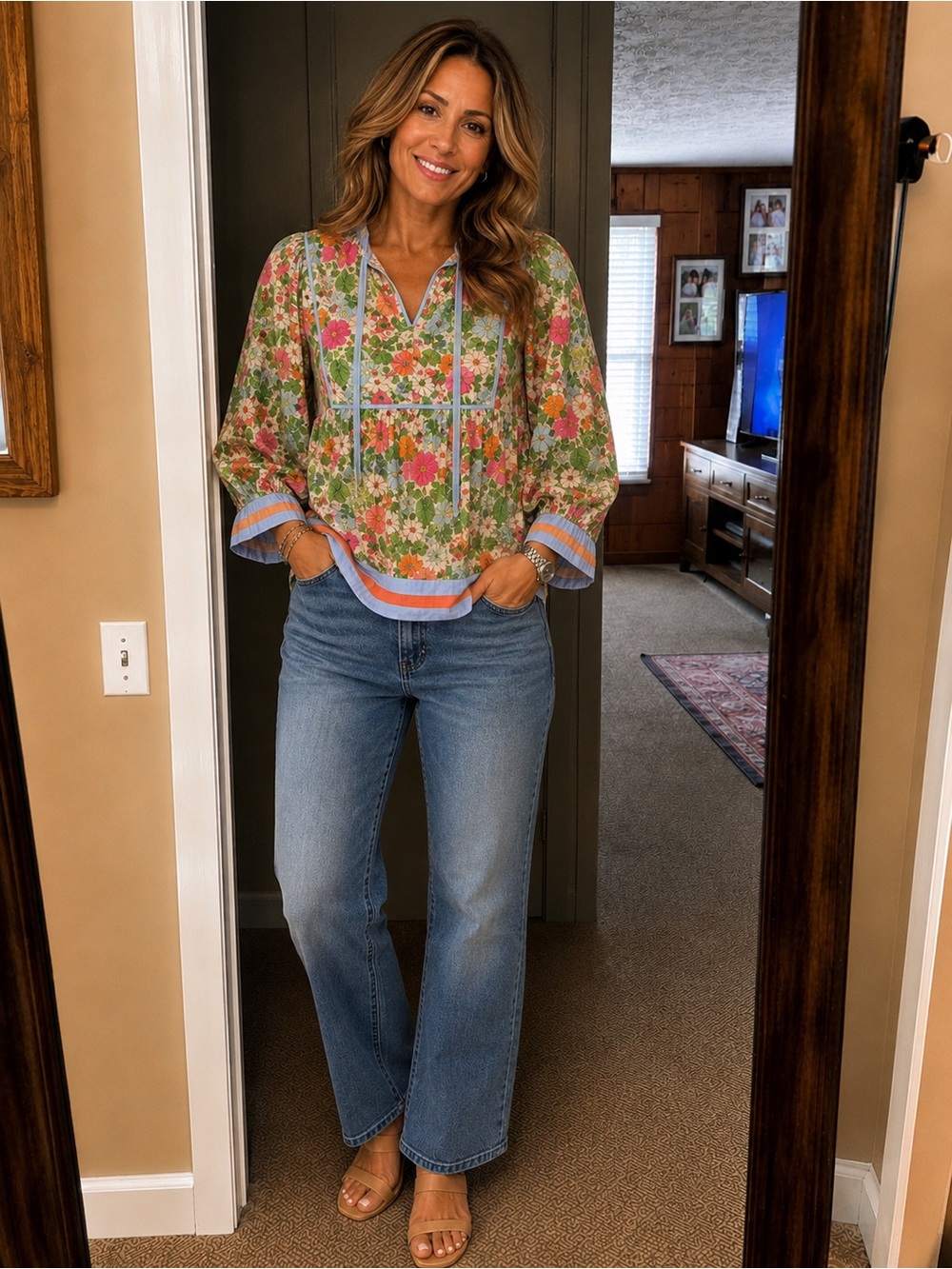 entro Floral Peasant Blouse in Green, Pink & Blue